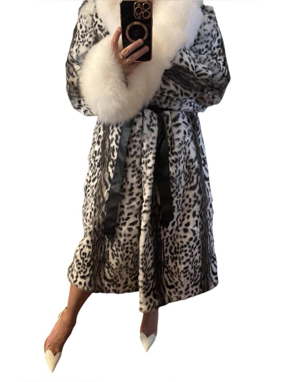 Luxury White & Black Leopard Print rabbit Fur Coat with White fox Collar - Picture 7 of 16